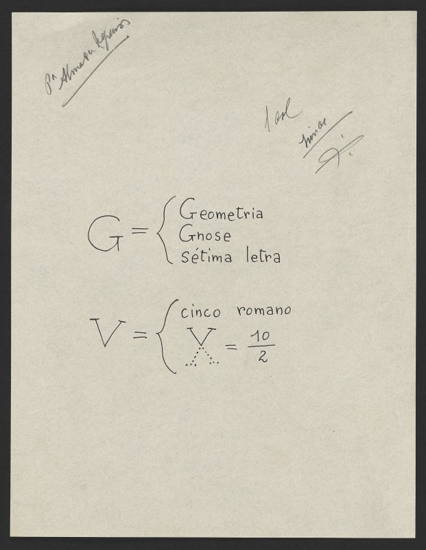 “Geometria, Gnose, sétima letra; V, cinco romano”