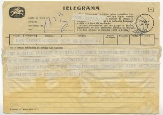 Telegrama de Manuel Vinhas a José de Almada Negreiros