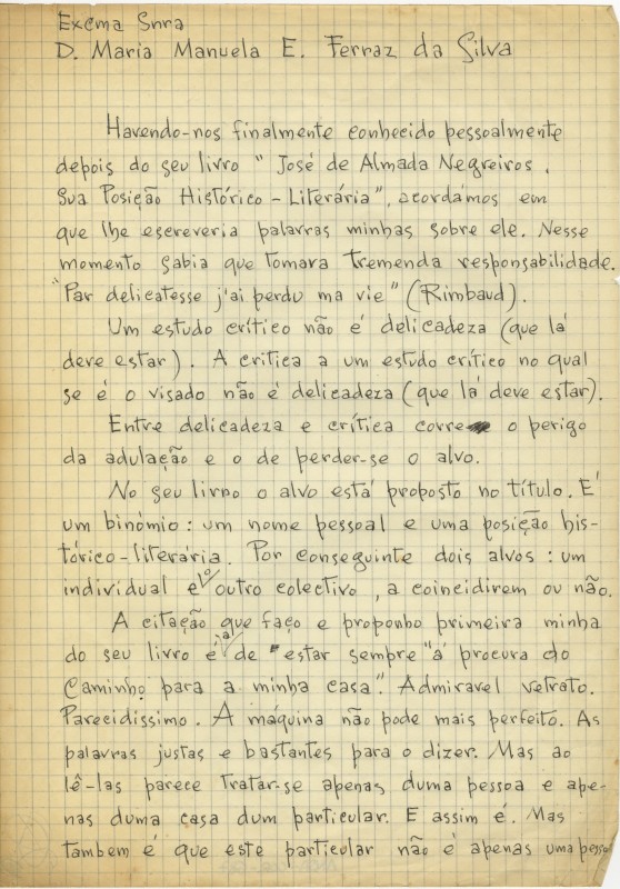 Rascunho de carta de José de Almada Negreiros a Maria Manuela Ferraz da Silva 