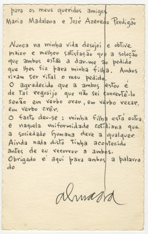 Rascunho de carta de José de Almada Negreiros a Maria Madalena Bagão da Silva Biscaia e José Azeredo Perdigão