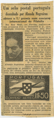 Um selo postal português , desenhado por Almada Negreiros , obteve o 1.º prémio num concurso internacional de Filatelia