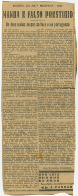 A cidade , Boletim da Arte Moderna - 1933 , Manha e Falso Prestígio - Os dois males de que sofre a vida portuguesa