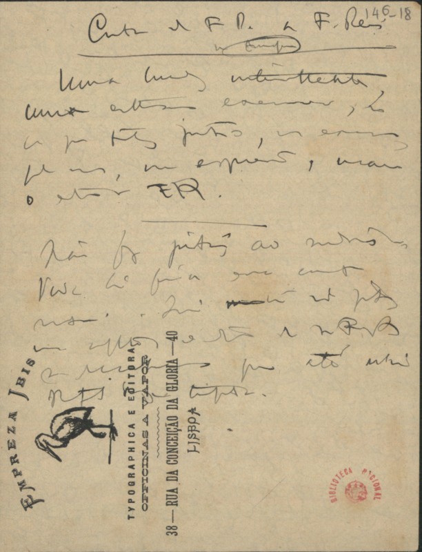 Carta de Fernando Pessoa a Frederico Reis