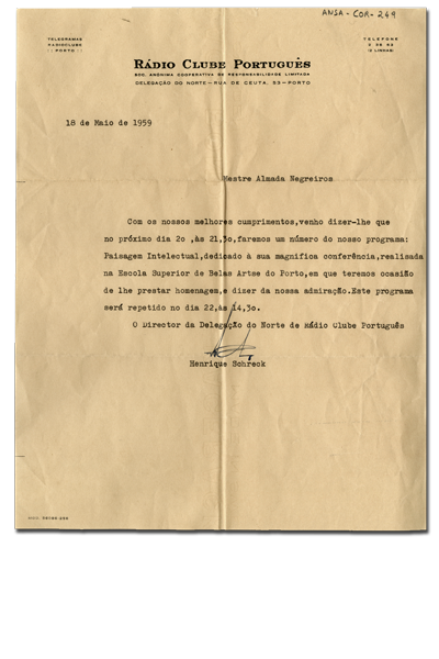 Rádio Clube Português Carta a Almada Negreiros. Porto, 18 maio 1959